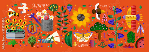Summer time! Vector cute illustration of potted flower, sunflower, chamomile, watering can, abstract bird, bee, butterfly, fruit, trees, plants, isolated objects. Drawings for card, poster or postcard