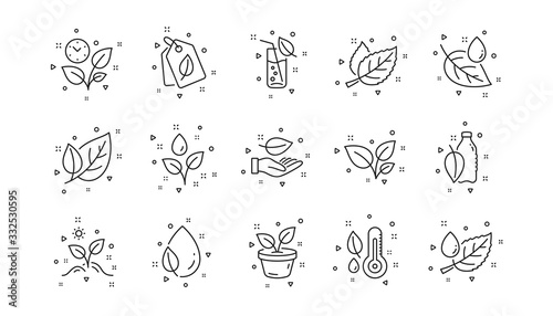 Leaf, Growing plant and Humidity thermometer. Plants line icons. Water drop linear icon set. Geometric elements. Quality signs set. Vector