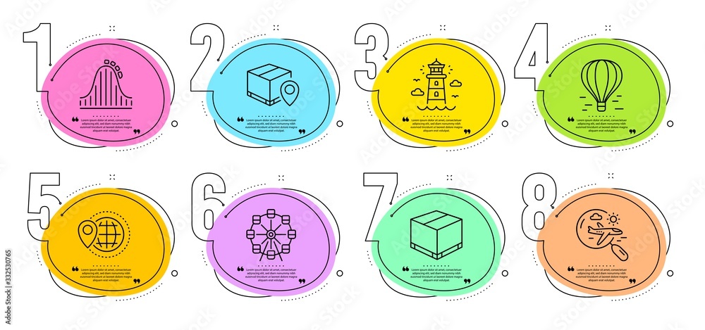 Lighthouse, Ferris wheel and Search flight signs. Timeline steps infographic. Roller coaster, World travel and Air balloon line icons set. Delivery box, Parcel tracking symbols. Vector Lighthouse, Ferris wheel and Search flight signs. Timeline steps infographic. Roller coaster, World travel and Air balloon line icons set. Delivery box, Parcel tracking symbols. Vector