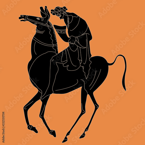 God Dionysus riding a horse with rhyton of wine. Ancient Greek mythology. Vase painting style. Monochrome silhouette. Isolated vector illustration.