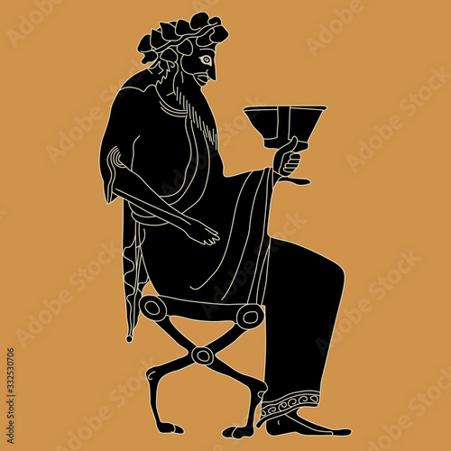 Ancient Greek god Dionysus sitting on throne cup of wine. Vase painting motif. Isolated vector illustration. Monochrome silhouette.
