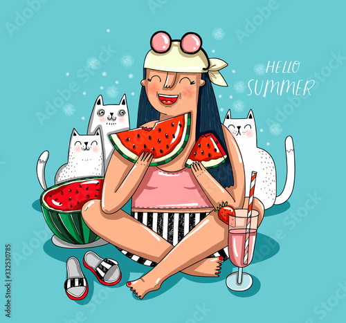 Hello summer time! Vector cute illustration of happy girl in swimsuit eats sweet watermelon, sitting with white cats near strawberry milkshake drink. Drawings for banner, card, poster or postcard