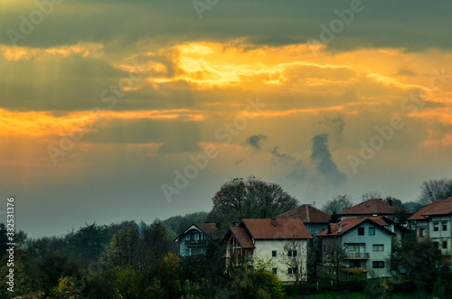 Aerial view of downtown Zenica at sunset  Bosnia. City photographed by drone  traffic and objects   landscape