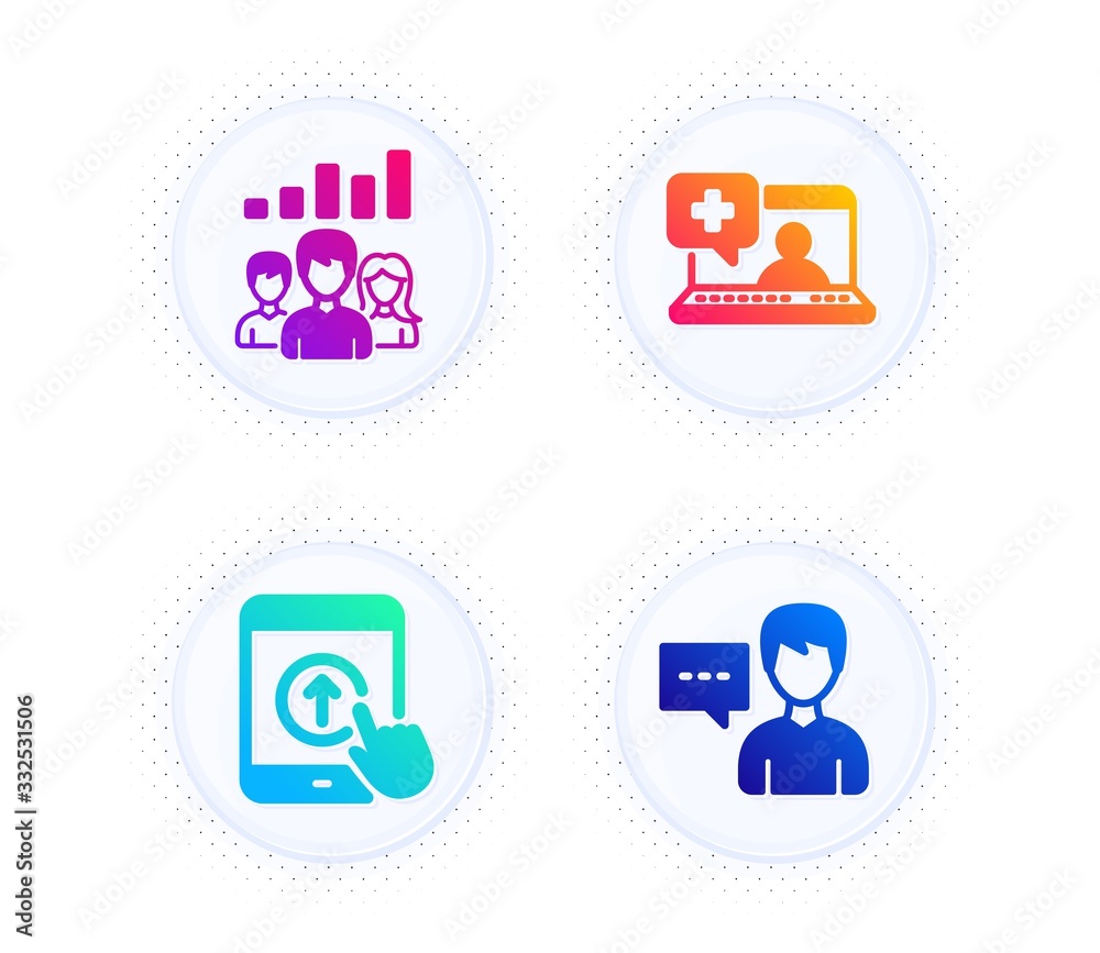 Medical help, Teamwork results and Swipe up icons simple set. Button with halftone dots. Person talk sign. Medicine laptop, Group work, Scrolling screen. Communication message. People set. Vector