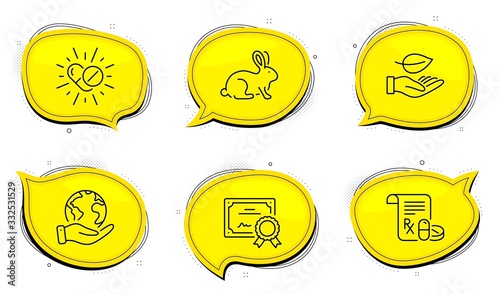 Medical prescription sign. Diploma certificate, save planet chat bubbles. Leaf, Medical drugs and Animal tested line icons set. Plant care, Medicine pills, Bio product. Medicine drugs. Vector