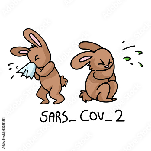 Corona virus kids cartoon coughing and sneezing infographic. Viral flu sars cov 2 cute bunnt. Educational graphic for self isolate family. Firnedly icon for children. Vector flu safety awareness. 