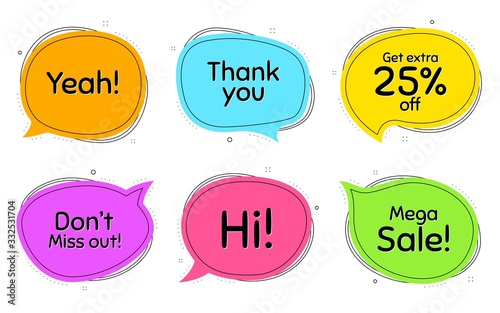Mega sale, 25% discount and miss out. Thought chat bubbles. Thank you, hi and yeah phrases. Sale shopping text. Chat messages with phrases. Colorful texting thought bubbles. Vector