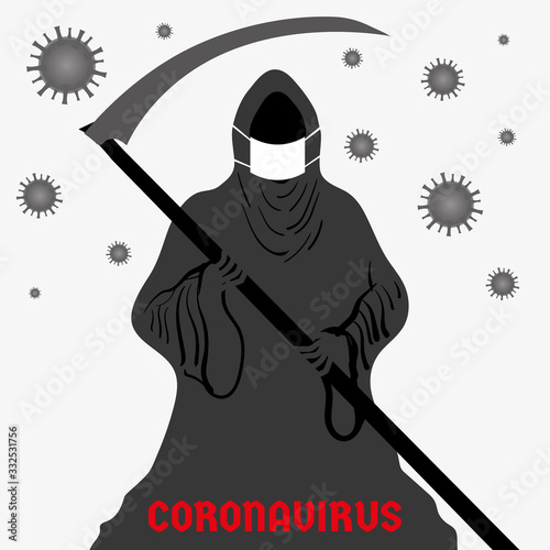 Abstract vector illustration depicting a dark grim reaper in a protective mask in the fight against coronavirus.Graphic element and template for a banner,poster.