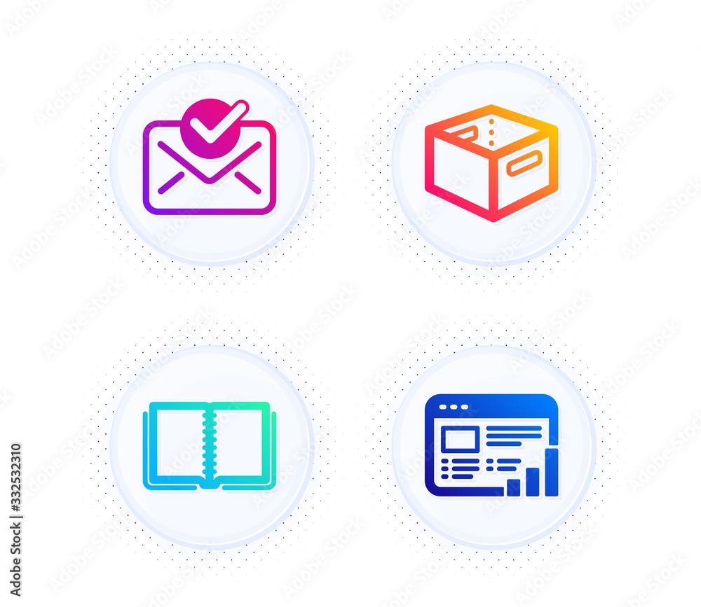 Office box, Book and Approved mail icons simple set. Button with halftone dots. Web report sign. Delivery box, E-learning course, Confirmed document. Graph chart. Business set. Vector