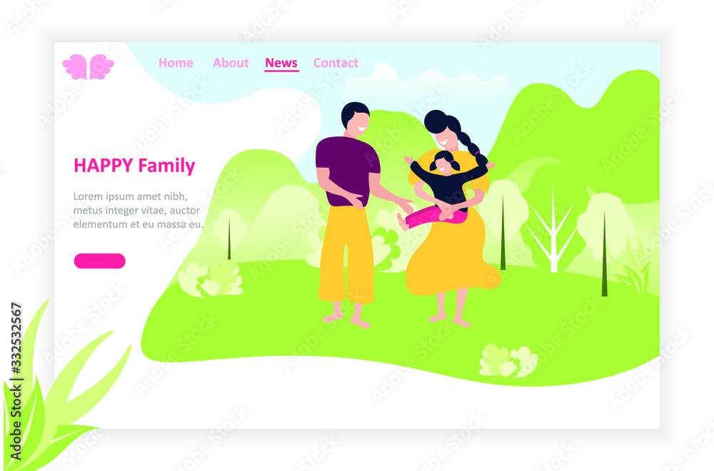 Happy family playing in the nature on a sunny day.Walking with kids in nature. Cartoon Flat Vector Illustration.Banner, poster, landing page, card family day. 