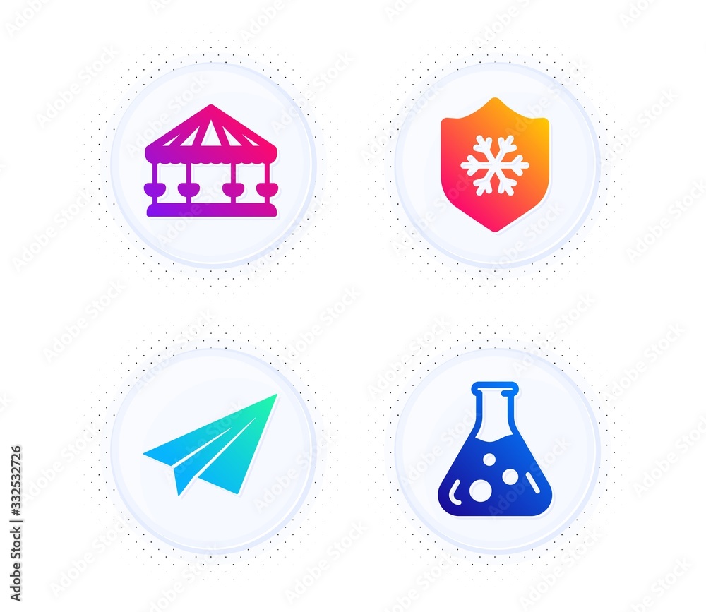 Paper plane, Carousels and Clean skin icons simple set. Button with halftone dots. Chemistry lab sign. Airplane, Attraction park, Cold protect. Laboratory. Business set. Vector Paper plane, Carousels and Clean skin icons simple set. Button with halftone dots. Chemistry lab sign. Airplane, Attraction park, Cold protect. Laboratory. Business set. Vector