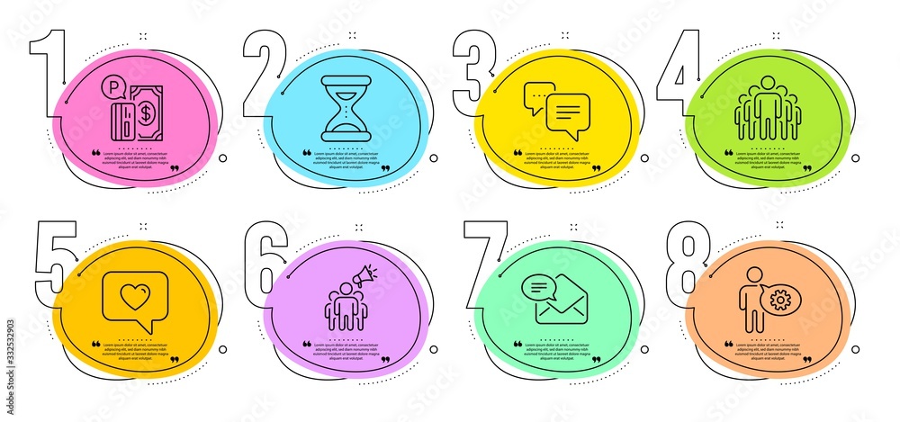 Parking payment, Group and Love message signs. Timeline steps infographic. Dots message, Cogwheel and Brand ambassador line icons set. Time, New mail symbols. Chat bubble, Engineering tool. Vector Parking payment, Group and Love message signs. Timeline steps infographic. Dots message, Cogwheel and Brand ambassador line icons set. Time, New mail symbols. Chat bubble, Engineering tool. Vector