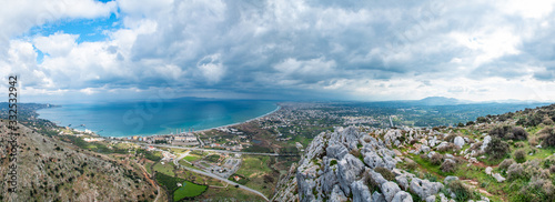 Panoramic view From a hill sea and mountains. View from mountains. Greece, Crete, Heraklion, Ammoudara.