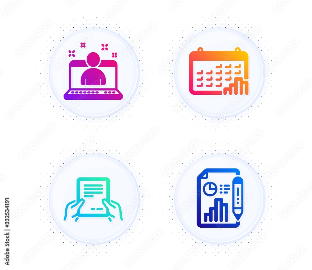 Receive file, Best manager and Calendar graph icons simple set. Button with halftone dots. Report document sign. Hold document, Best developer, Annual report. Growth chart. Science set. Vector