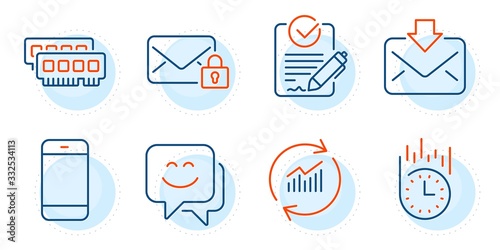 Ram, Secure mail and Incoming mail signs. Fast delivery, Smile face and Update data line icons set. Smartphone, Rfp symbols. Stopwatch, Chat. Technology set. Outline icons set. Vector