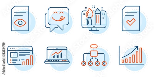 Restructuring, View document and Checked file signs. Online statistics, Web report and Creative design line icons set. Yummy smile, Graph chart symbols. Computer data, Graph chart. Vector