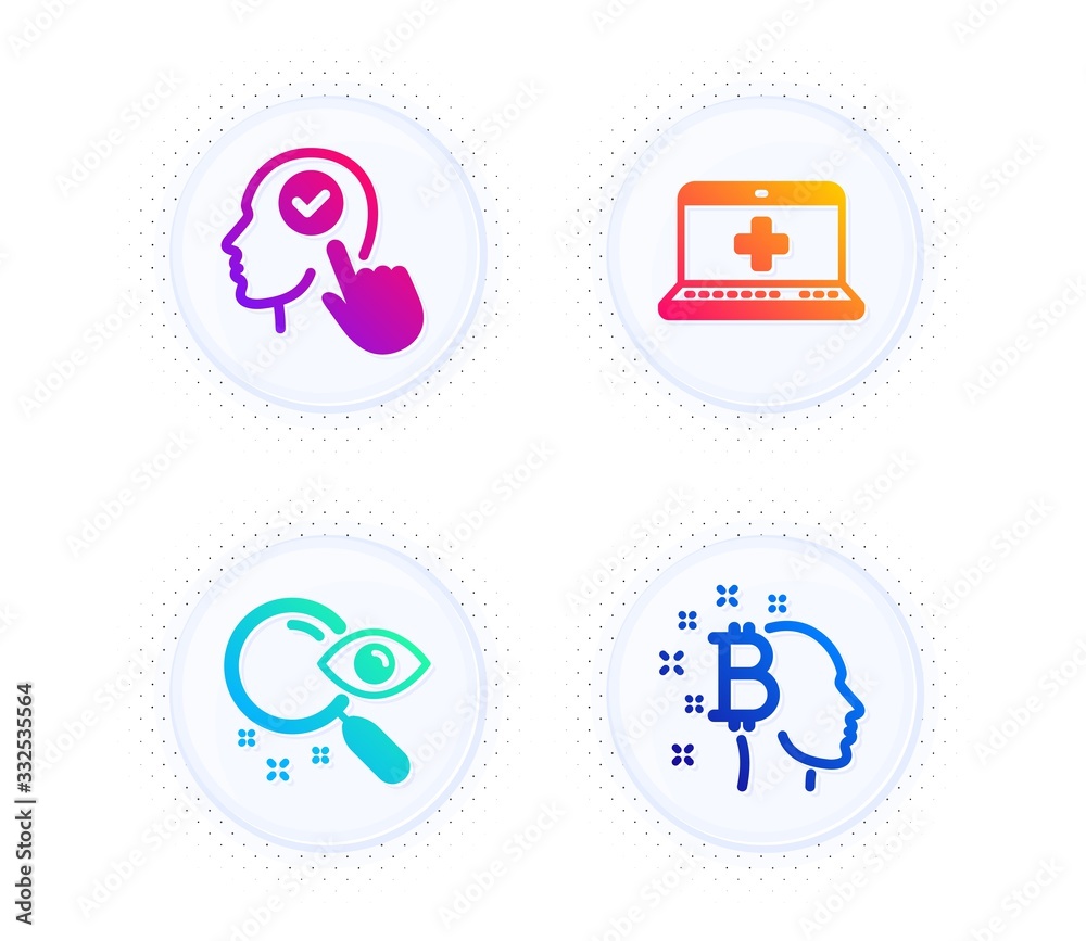 Select user, Search and Medical help icons simple set. Button with halftone dots. Bitcoin think sign. Head with checkbox, Find document, Medicine laptop. Cryptocurrency head. Business set. Vector Select user, Search and Medical help icons simple set. Button with halftone dots. Bitcoin think sign. Head with checkbox, Find document, Medicine laptop. Cryptocurrency head. Business set. Vector