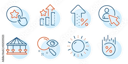 Search, Increasing percent and User signs. Ranking stars, Loyalty star and Sun energy line icons set. Loan percent, Carousels symbols. Winner results, Bonus reward. Technology set. Vector