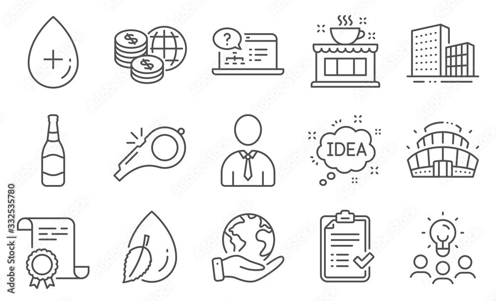 Fototapeta premium Set of Business icons, such as Oil serum, Water drop. Diploma, ideas, save planet. Online help, Beer bottle, Arena stadium. World money, Whistle, Coffee shop. Buildings, Idea, Human. Vector