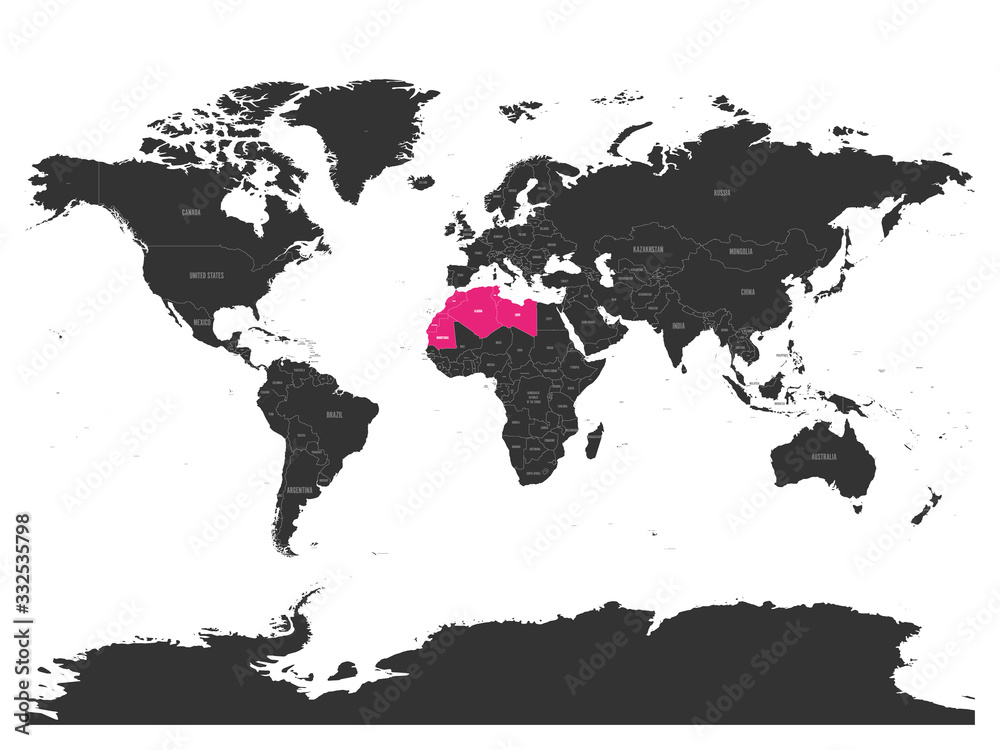 Fototapeta premium Map of Maghreb countries - Northwest Africa states pink highlighted in World map. Vector illustration