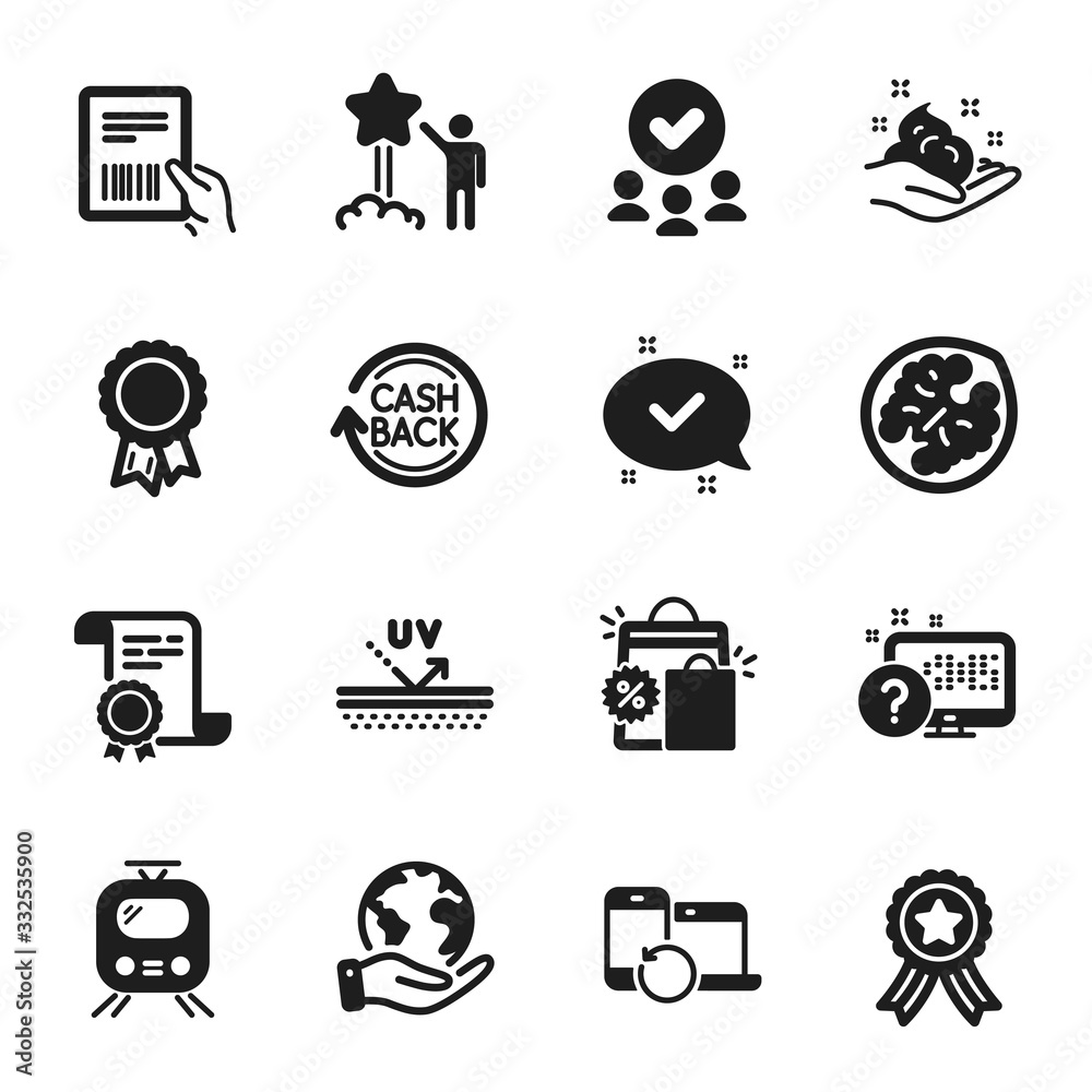 Set of Business icons, such as Uv protection, Train. Certificate, approved group, save planet. Skin care, Star, Walnut. Approved, Online quiz, Cashback. Vector Set of Business icons, such as Uv protection, Train. Certificate, approved group, save planet. Skin care, Star, Walnut. Approved, Online quiz, Cashback. Vector