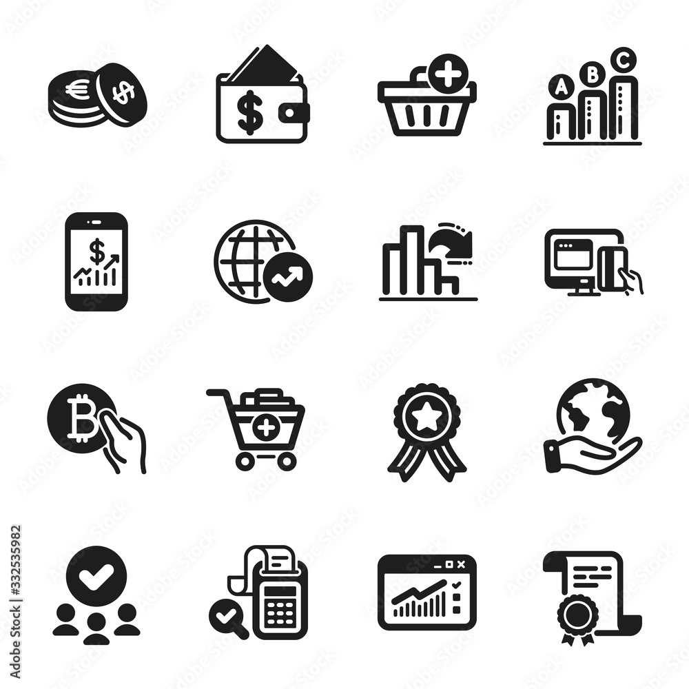 Set of Finance icons, such as Decreasing graph, World statistics. Certificate, approved group, save planet. Add purchase, Add products, Graph chart. Bill accounting, Web traffic, Wallet. Vector