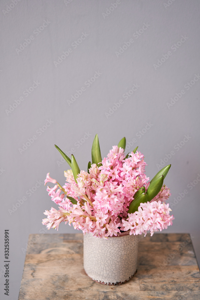 Bouquets of pink hyacinths in vase on wooden table. Spring flowers from Dutch gardener. Concept of a florist in a flower shop. Wallpaper.