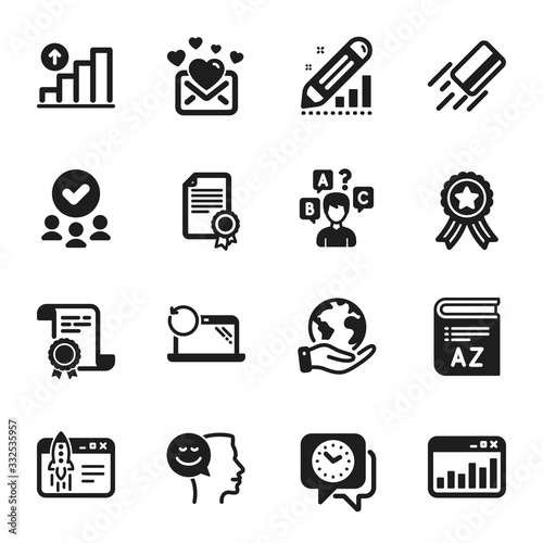 Set of Education icons, such as Vocabulary, Good mood. Certificate, approved group, save planet. Clock, Certificate, Graph chart. Recovery laptop, Credit card, Marketing statistics. Vector
