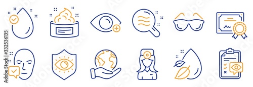 Set of Medical icons, such as Eye checklist, Eyeglasses. Certificate, save planet. Farsightedness, Oculist doctor, Face accepted. Water drop, Vitamin e, Eye protection. Vector