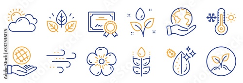 Set of Nature icons, such as Thermometer, Sunny weather. Certificate, save planet. Gluten free, Organic tested, Plants watering. Dirty water, Windy weather, Startup. Vector