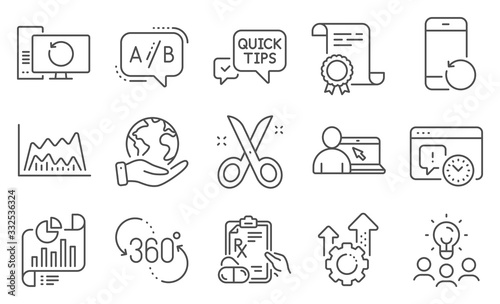 Set of Science icons, such as Scissors, Recovery phone. Diploma, ideas, save planet. Project deadline, Online education, Quick tips. Prescription drugs, Recovery computer, Seo gear. Vector