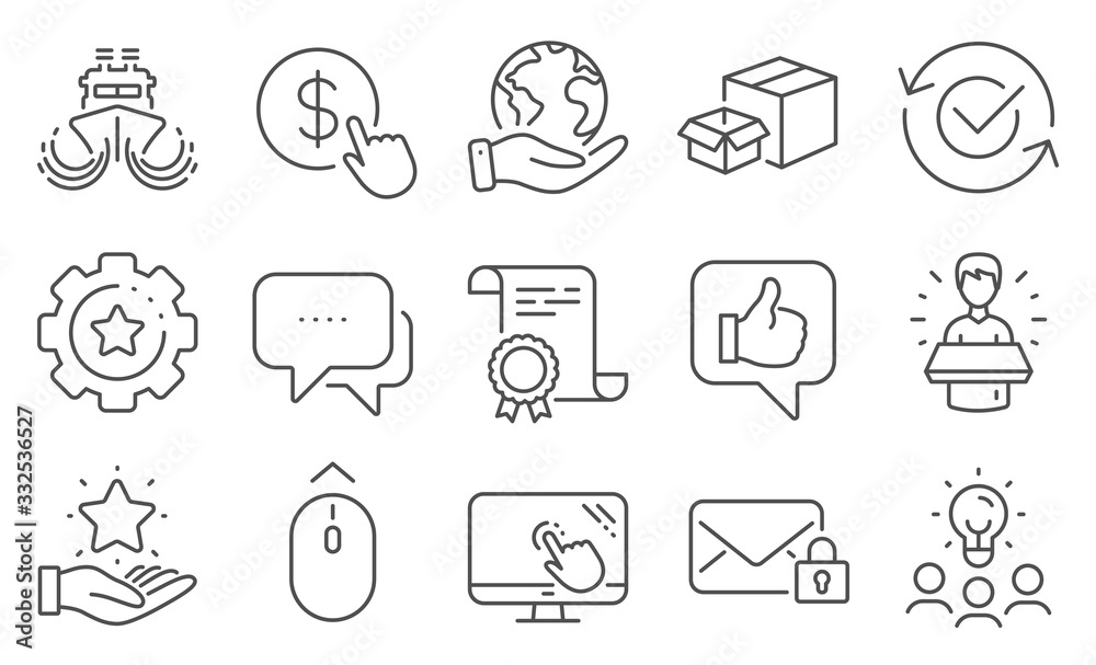 Set of Technology icons, such as Touch screen, Like. Diploma, ideas, save planet. Swipe up, Loyalty program, Settings gear. Brand ambassador, Ship, Secure mail. Message, Approved, Buy currency. Vector Set of Technology icons, such as Touch screen, Like. Diploma, ideas, save planet. Swipe up, Loyalty program, Settings gear. Brand ambassador, Ship, Secure mail. Message, Approved, Buy currency. Vector