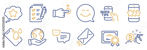 Set of Technology icons, such as Text message, E-mail. Certificate, save planet. Loyalty star, Survey checklist, Star. Education, Drag drop, Smile face. Vector