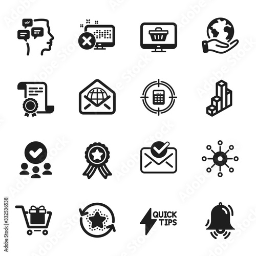 Set of Technology icons, such as Web mail, Shopping cart. Certificate, approved group, save planet. Web shop, Clock bell, Multichannel. 3d chart, Quickstart guide, Messages. Vector