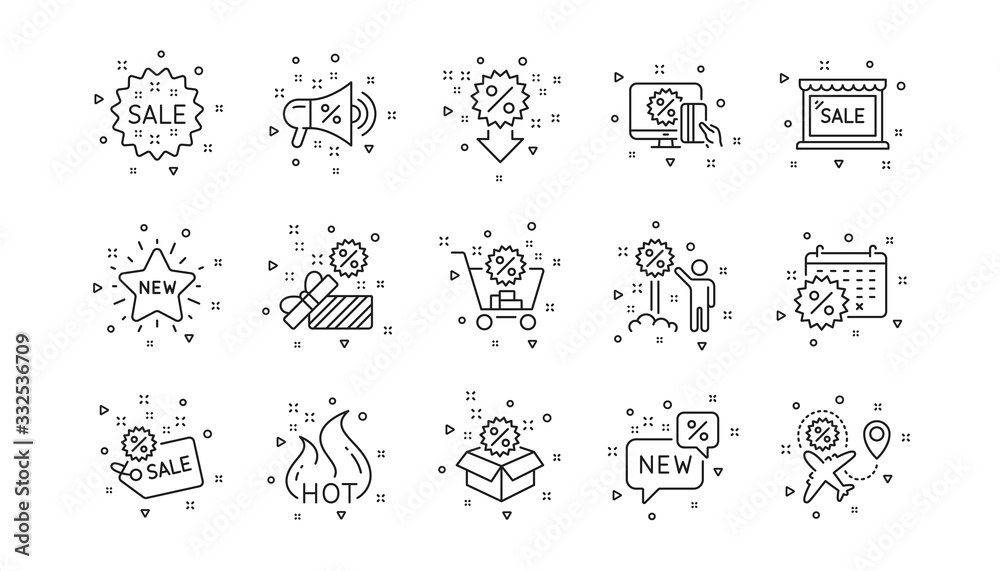 Shopping, Sale and New. Discount line icons. Hot offer linear icon set. Geometric elements. Quality signs set. Vector