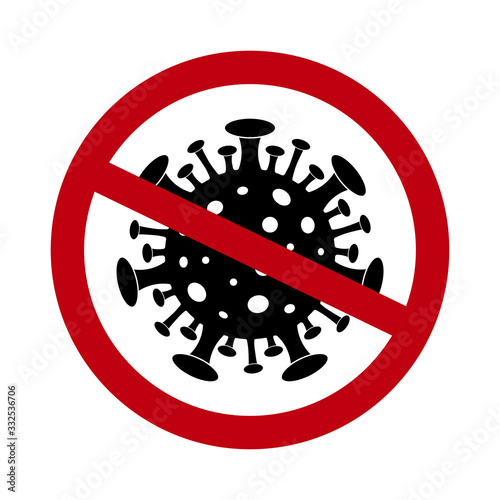 Stop coronavirus icon. Sign of forbidden virus. Black viral microbe in red circle. Quarantine, antiviral concept. Warning, attention epidemic infection symbol. Dangerous bacterium silhouette. vector.