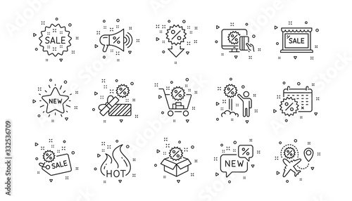 Shopping  Sale and New. Discount line icons. Hot offer linear icon set. Geometric elements. Quality signs set. Vector