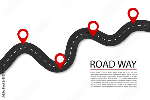 Flat road with pins.Highway for route of journey on isolated background. Asphalt street for infographic. Design traffic trip template. Winding street with points banner. Design vector illustration.