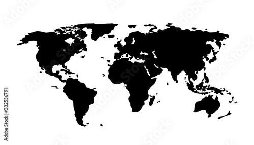 Black world map on white background. Europe, asia, south america, north america, australia, africa silhouette continent. Cartography for location in travel. Global geography map. vector illustration.