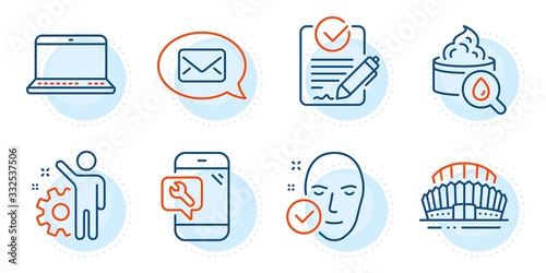 Sports stadium, Messenger and Notebook signs. Moisturizing cream, Rfp and Phone repair line icons set. Health skin, Employee symbols. Face lotion, Request for proposal. Business set. Vector