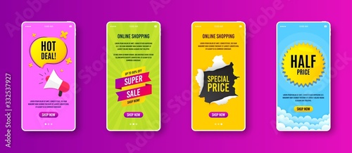 Super sale badge. Phone screen banner. Discount banner shape. Coupon tag icon. Sale banner on smartphone screen. Mobile phone web template. Super sale promotion. Interface with torn paper hole. Vector