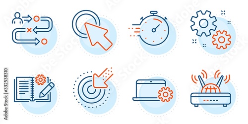 Targeting, Notebook service and Click here signs. Timer, Work and Engineering documentation line icons set. Wifi, Journey path symbols. Deadline management, Settings. Science set. Vector