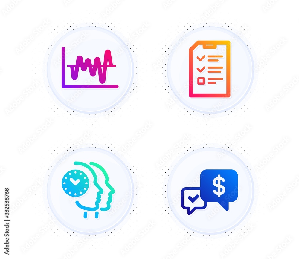 Time management, Stock analysis and Interview icons simple set. Button with halftone dots. Payment received sign. Teamwork clock, Business trade, Checklist file. Money. Education set. Vector