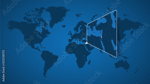 Detailed world map with pinned enlarged map of Israel and neighboring countries.