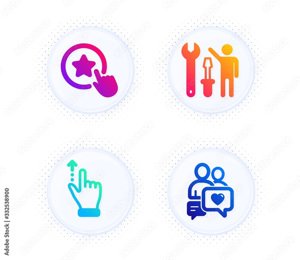 Touchscreen gesture, Loyalty star and Repairman icons simple set. Button with halftone dots. Dating chat sign. Slide up, Bonus reward, Repair screwdriver. People love. People set. Vector