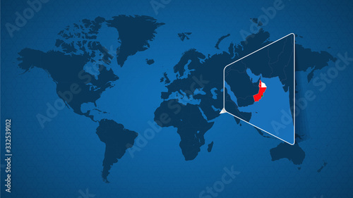 Detailed world map with pinned enlarged map of Oman and neighboring countries.