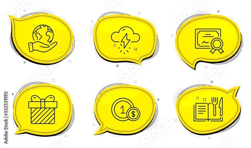 Usd coins sign. Diploma certificate, save planet chat bubbles. Surprise, Recipe book and Thunderstorm weather line icons set. Present with bow, Food, Thunder bolt. Cash payment. Business set. Vector
