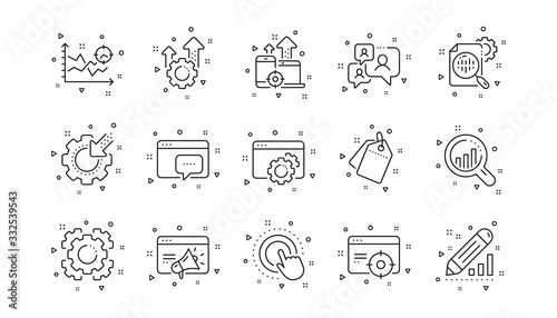 Website stats, Target and Increase sales signs. Seo line icons. Traffic management, social network and seo optimization icons. Linear set. Geometric elements. Quality signs set. Vector