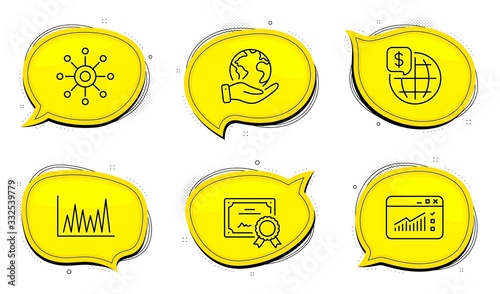World money sign. Diploma certificate, save planet chat bubbles. Web traffic, Multichannel and Line graph line icons set. Website window, Multitasking, Market diagram. Global markets. Vector