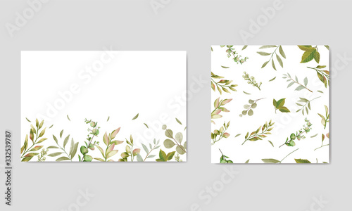 Watercolor floral background and seamless pattern set bundle for wedding invitation card template